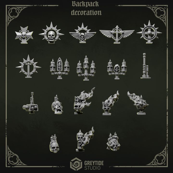 Décorations de backpacks Pilgrims & Crusaders – Set de bitz personnalisés 40K – Greytide Studio
